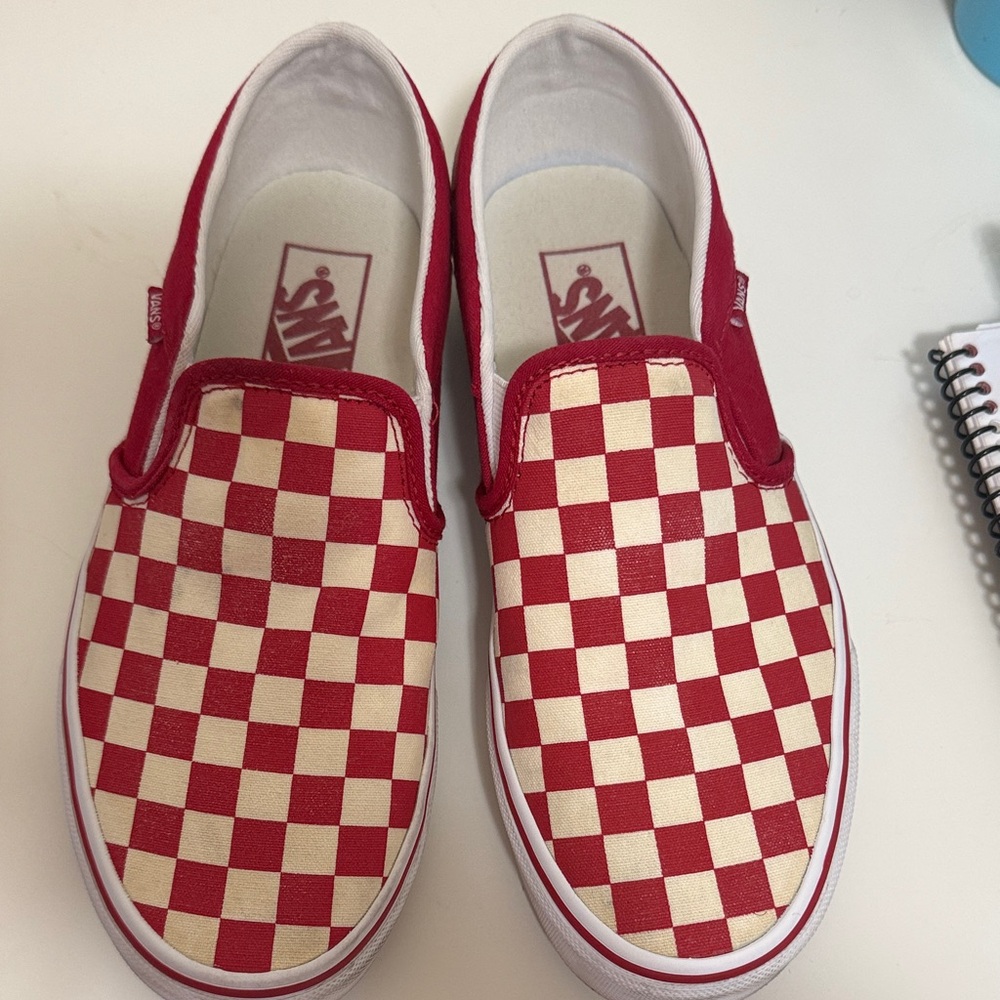 Vans Women’s Red and White Checkered Slip-On Sneakers